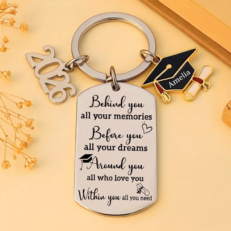 Memories Behind, Dreams Ahead, Love All Around - Family Personalized Custom Engraved Graduation Keychain - Graduation Gift For Family Members, Siblings, Brothers, Sisters