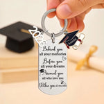 Memories Behind, Dreams Ahead, Love All Around - Family Personalized Custom Engraved Graduation Keychain - Graduation Gift For Family