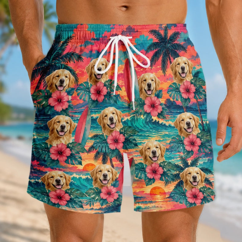 Custom Photo Tropical Hawaiian Aloha Men Beach Shorts - Personalized Summer Vacation And Travel Gifts For Dog Cat Lovers, Dog Dad And Mom, Cat Owners - Living That Island Life, Baby