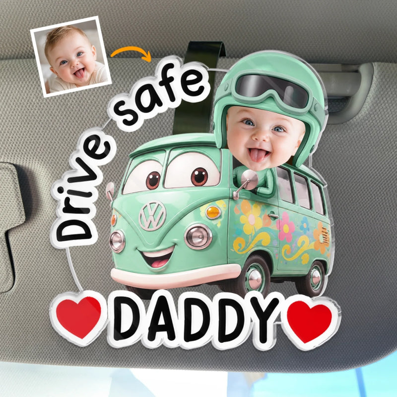 Custom Photo Acrylic Car Visor Clip - Personalized Father's Day Gifts For Dad, Grandpa - Drive Safe & Happy