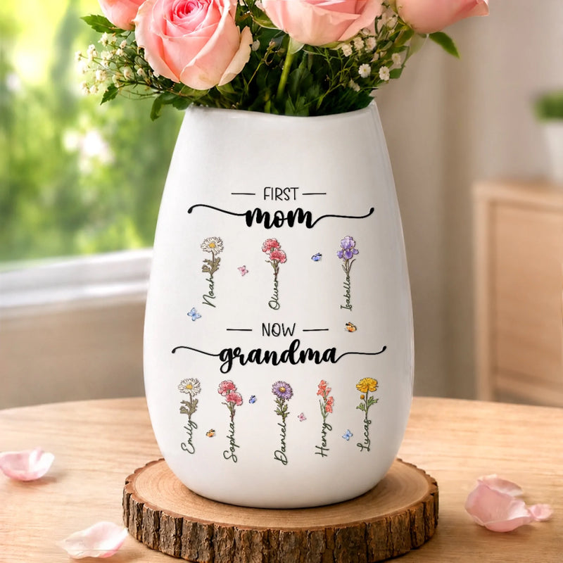 Custom Oval Ceramic Flower Vase - Personalized Birthday Gifts For Mom, Grandma - Blessed With Generations Of Love