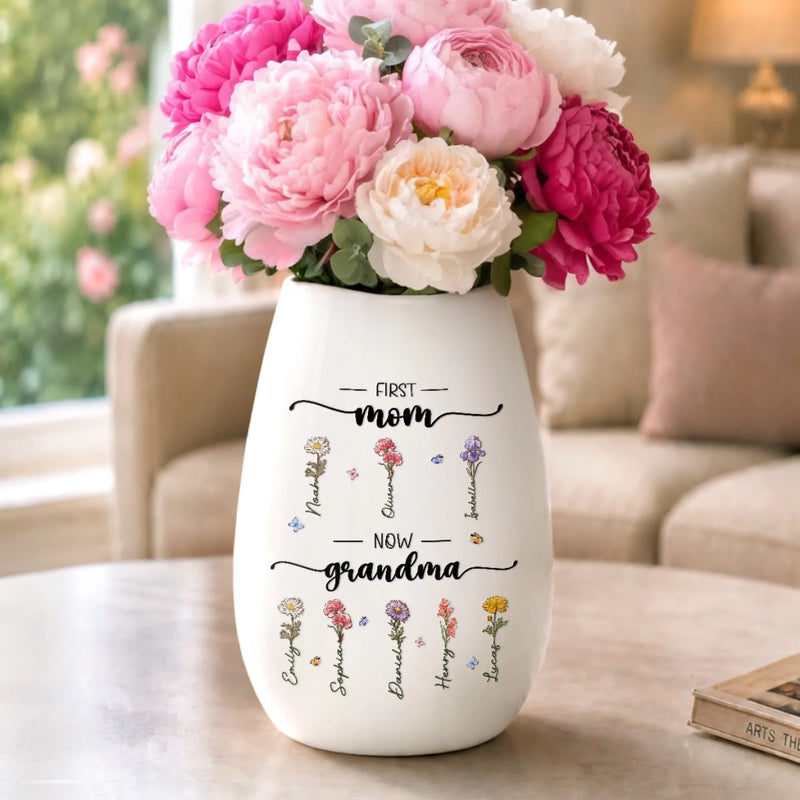 Custom Oval Ceramic Flower Vase - Personalized Birthday Gifts For Mom, Grandma - Blessed With Generations Of Love
