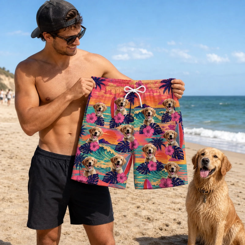 Custom Photo Tropical Hawaiian Aloha Men Beach Shorts - Personalized Summer Vacation And Travel Gifts For Dog Cat Lovers, Dog Dad And Mom, Cat Owners - Golden Hour, Golden Pups