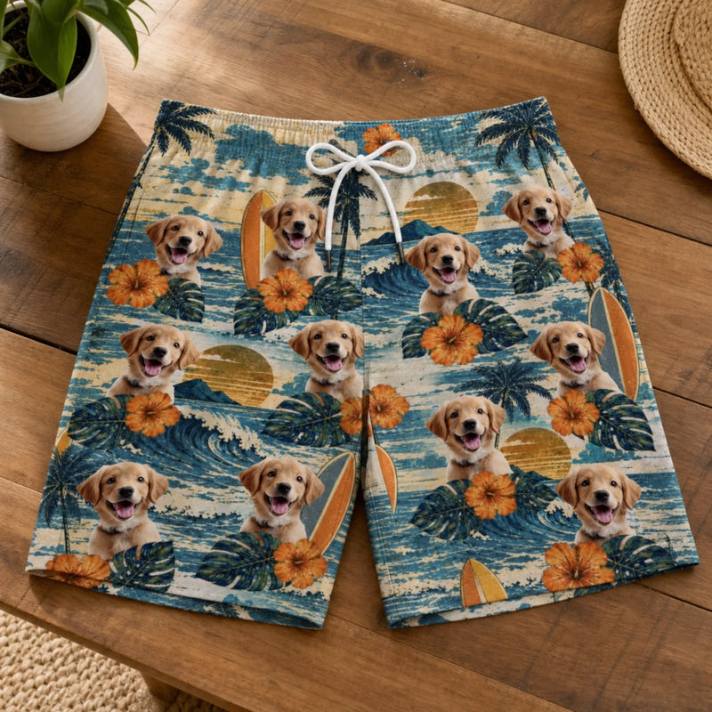 Custom Photo Tropical Hawaiian Aloha Men Beach Shorts - Personalized Summer Vacation And Travel Gifts For Dog Cat Lovers, Dog Dad And Mom, Cat Owners - Golden Hour, Golden Pups