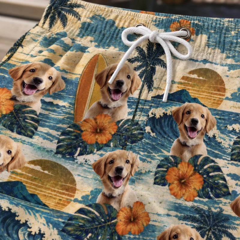 Custom Photo Tropical Hawaiian Aloha Men Beach Shorts - Personalized Summer Vacation And Travel Gifts For Dog Cat Lovers, Dog Dad And Mom, Cat Owners - Golden Hour, Golden Pups