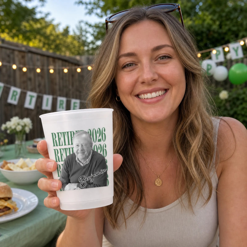Custom Photo Party Cups - Personalized Retirement Gifts For Women, Men - Goodbye Tension, Hello Pension