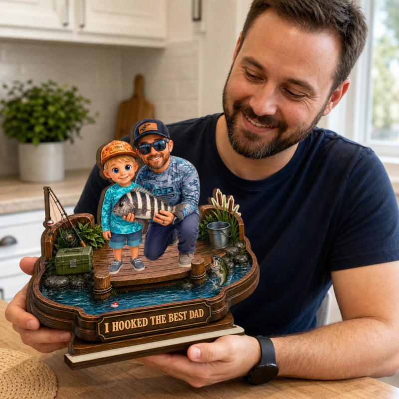 Custom Photo 2-Layered Wooden Plaque - Personalized Father's Day Fishing Gifts For Fisherman, Dad, Grandpa - Hooked On Family Time