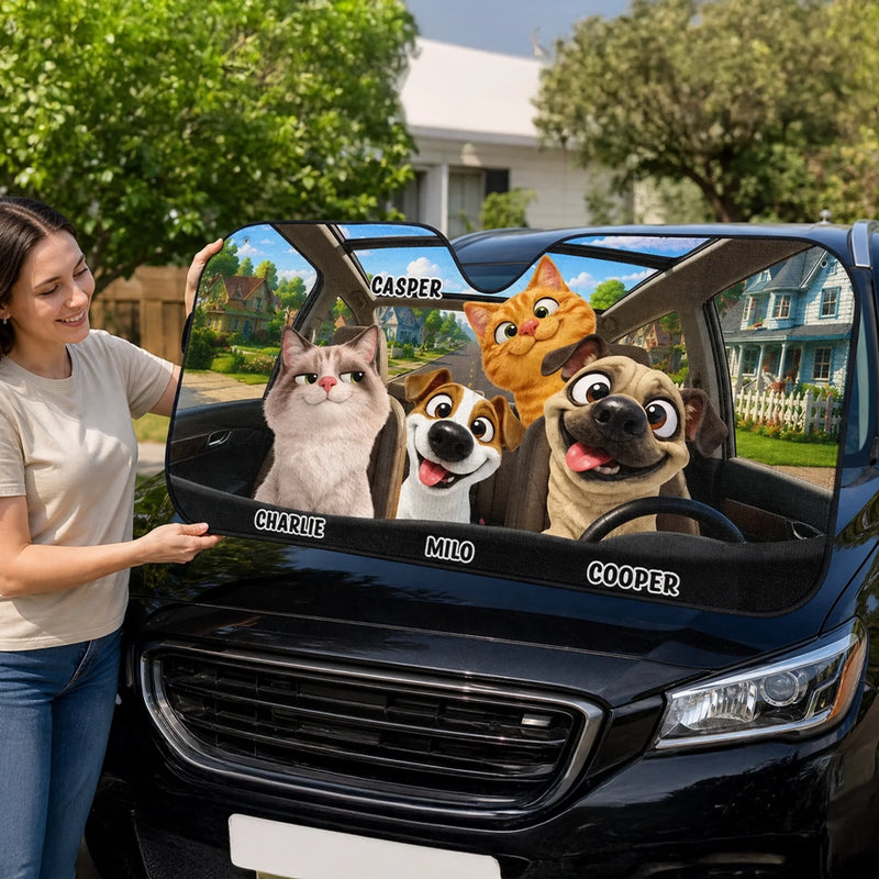 Custom Auto Windshield Sunshade, Car Window Protector - Personalized Birthday Gifts For Dog Cat Lovers, Dog Dad And Mom, Cat Owners - Where Paws Go, Joy Follows