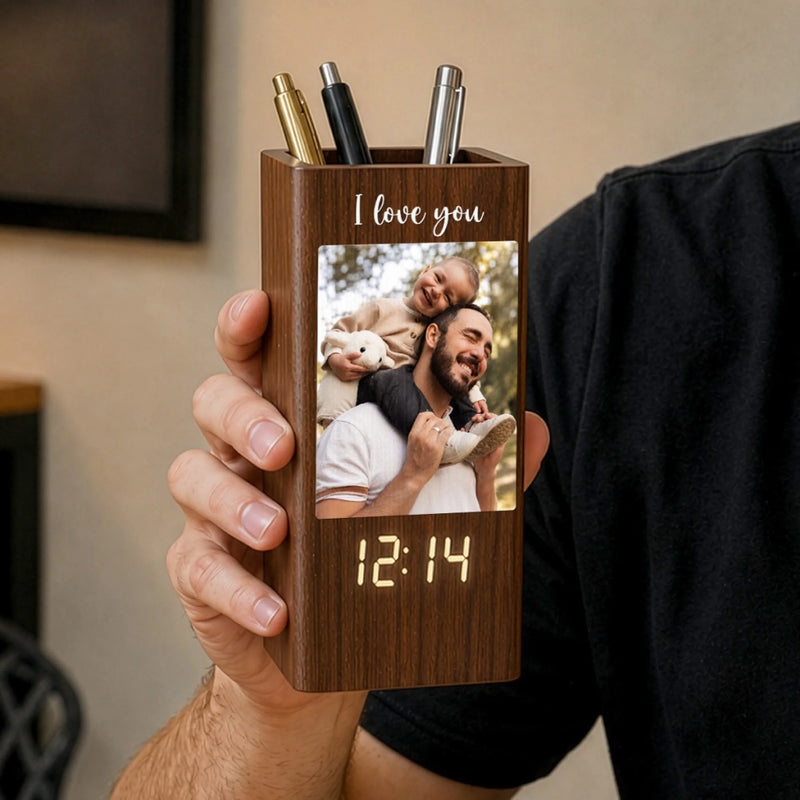Custom Photo Pen Holder With Clock – Personalized Father's Day Birthday Gifts For Dad, Grandpa – Loved Guided And Inspired By Dad