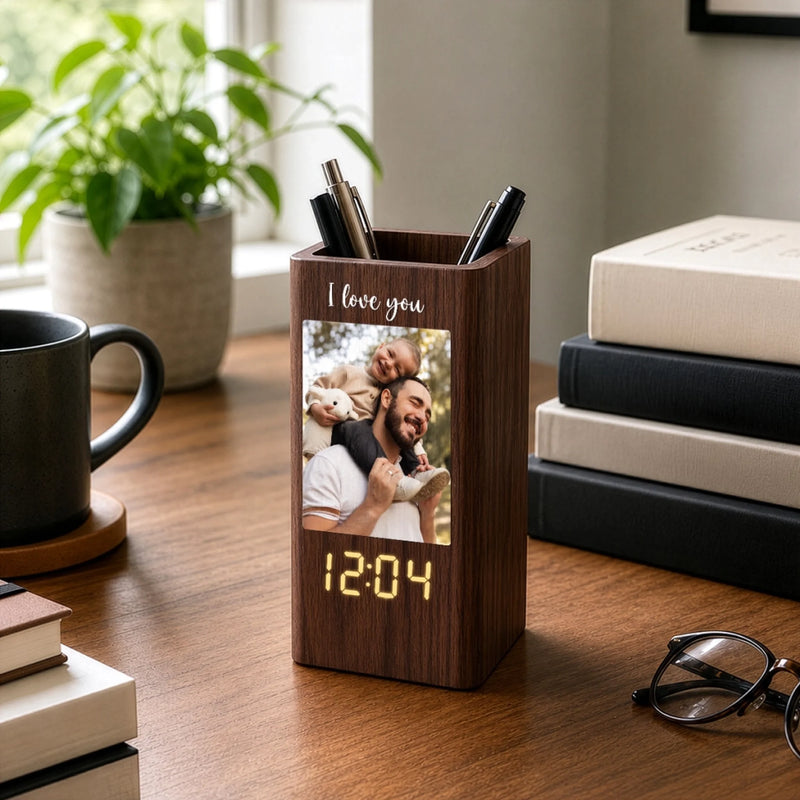 Custom Photo Pen Holder With Clock – Personalized Father's Day Birthday Gifts For Dad, Grandpa – Loved Guided And Inspired By Dad