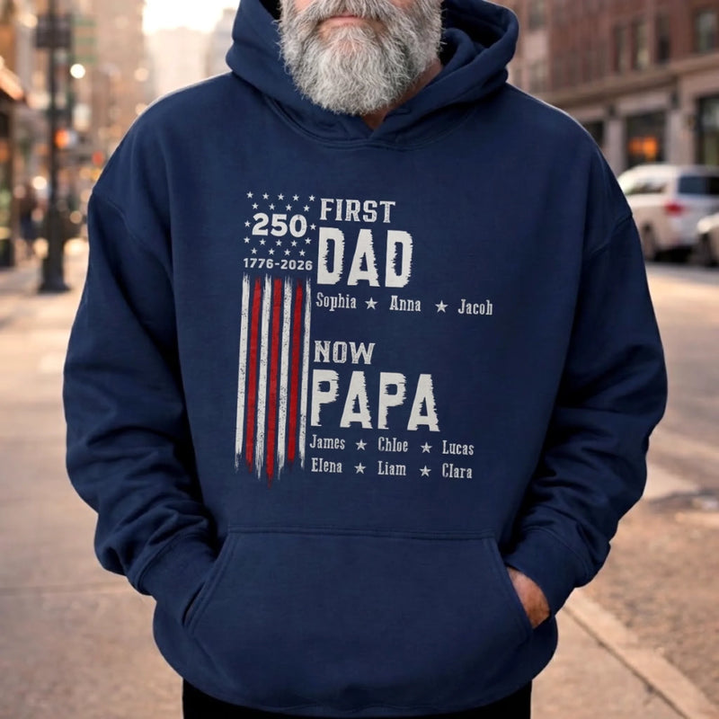 Custom T-shirt, Hoodie – Personalized Father's Day America 250th Anniversary Gifts For Dad, Grandpa – Started As Dad, Promoted To Grandpa