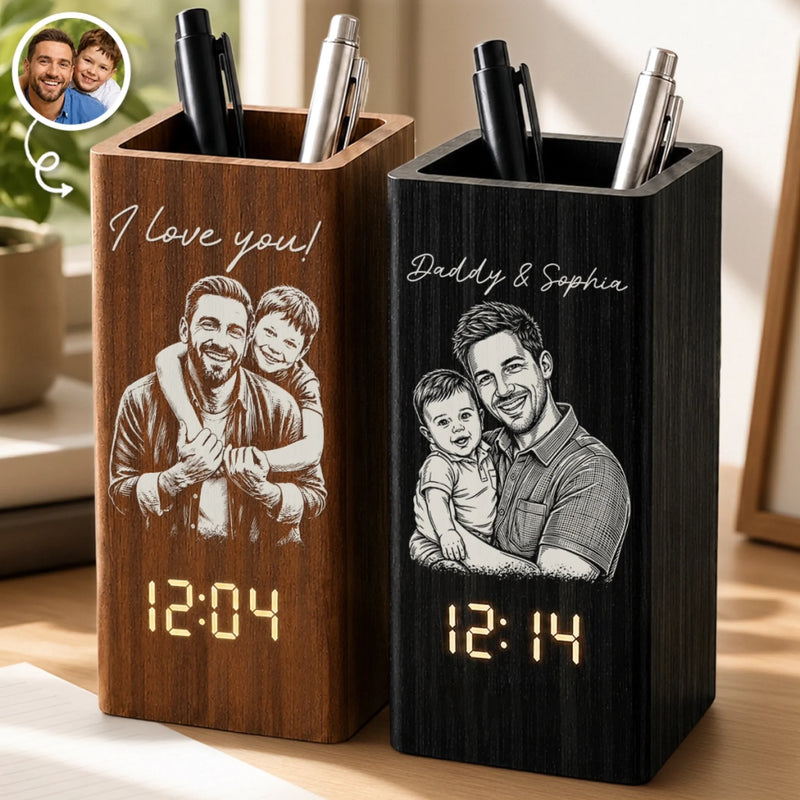 Custom Photo Pen Holder With Clock - Personalized Father's Day Birthday Gifts For Dad, Grandpa - Dad Makes Life Extraordinary