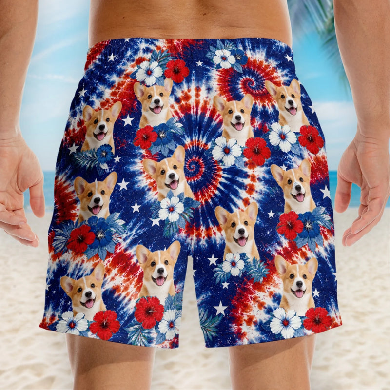 Custom Photo Tropical Hawaiian Aloha Men Beach Shorts - Personalized Summer Vacation And Travel Gifts For Dog Cat Lovers, Dog Dad And Mom, Cat Owners - American Pawtriot