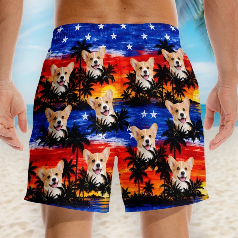 Custom Photo Tropical Hawaiian Aloha Men Beach Shorts - Personalized Summer Vacation And Travel Gifts For Dog Cat Lovers, Dog Dad And Mom, Cat Owners - Patriotic Paws Vibes