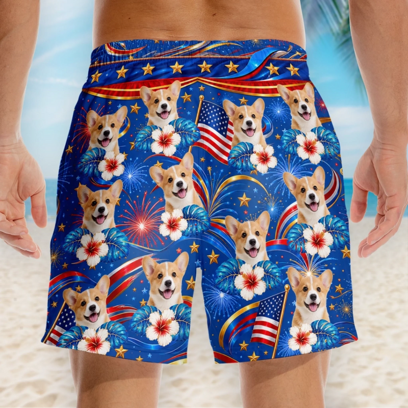 Custom Photo Tropical Hawaiian Aloha Men Beach Shorts - Personalized Summer Vacation And Travel Gifts For Dog Cat Lovers, Dog Dad And Mom, Cat Owners - Patriotic Pup Paradise