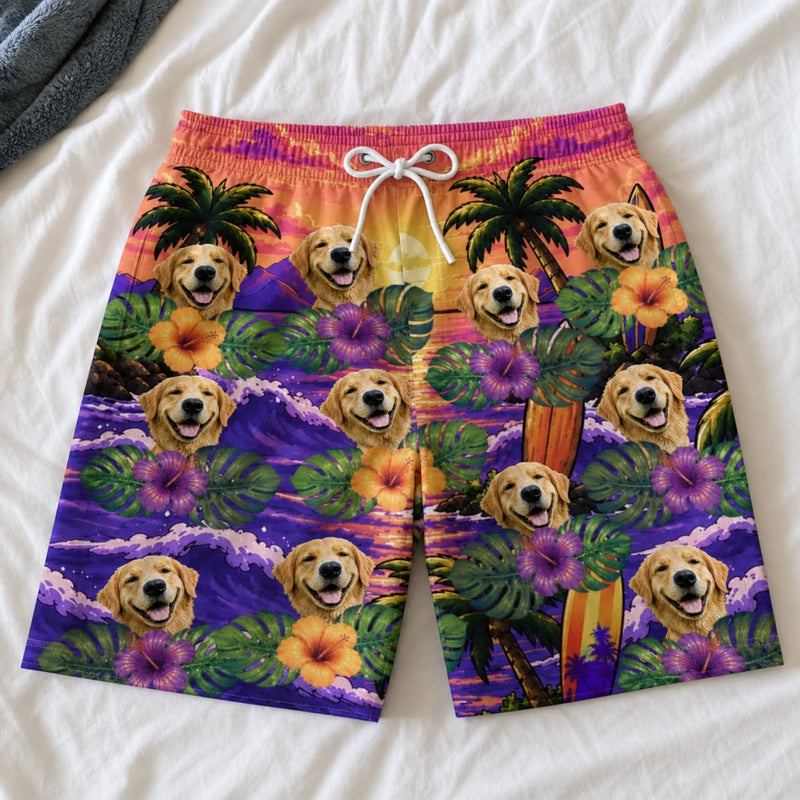 Custom Photo Funny Caricature Tropical Hawaiian Aloha Men Beach Shorts - Personalized Summer Vacation And Travel Gifts For Dog Cat Lovers, Dog Dad And Mom, Cat Owners - Palm Trees And Puppy Breeze