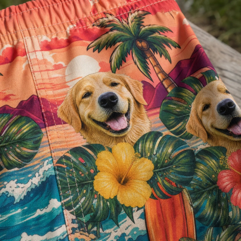 Custom Photo Funny Caricature Tropical Hawaiian Aloha Men Beach Shorts - Personalized Summer Vacation And Travel Gifts For Dog Cat Lovers, Dog Dad And Mom, Cat Owners - Palm Trees And Puppy Breeze