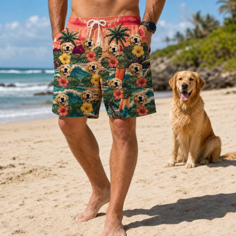 Custom Photo Funny Caricature Tropical Hawaiian Aloha Men Beach Shorts - Personalized Summer Vacation And Travel Gifts For Dog Cat Lovers, Dog Dad And Mom, Cat Owners - Palm Trees And Puppy Breeze