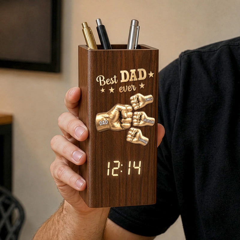 Custom Pen Holder With Clock - Personalized Father's Day Birthday Gifts For Dad, Grandpa - Dad’s Love Wins Every Time