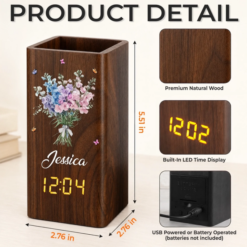 Custom Pen Holder With Clock - Personalized Best Friend Birthday Gifts For Women, Besties, Sisters, BFF - Growing Happiness Day By Day