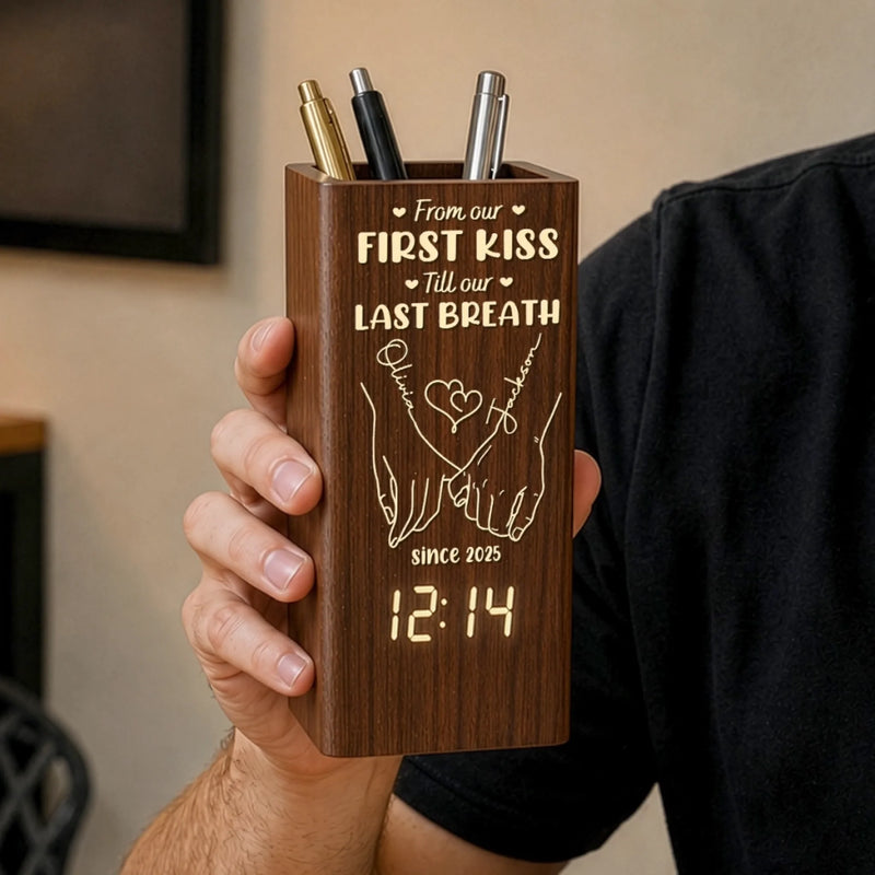 Custom Pen Holder With Clock - Personalized Anniversary Wedding Gifts For Husband And Wife, Him And Her - A Pinky Promise For Life
