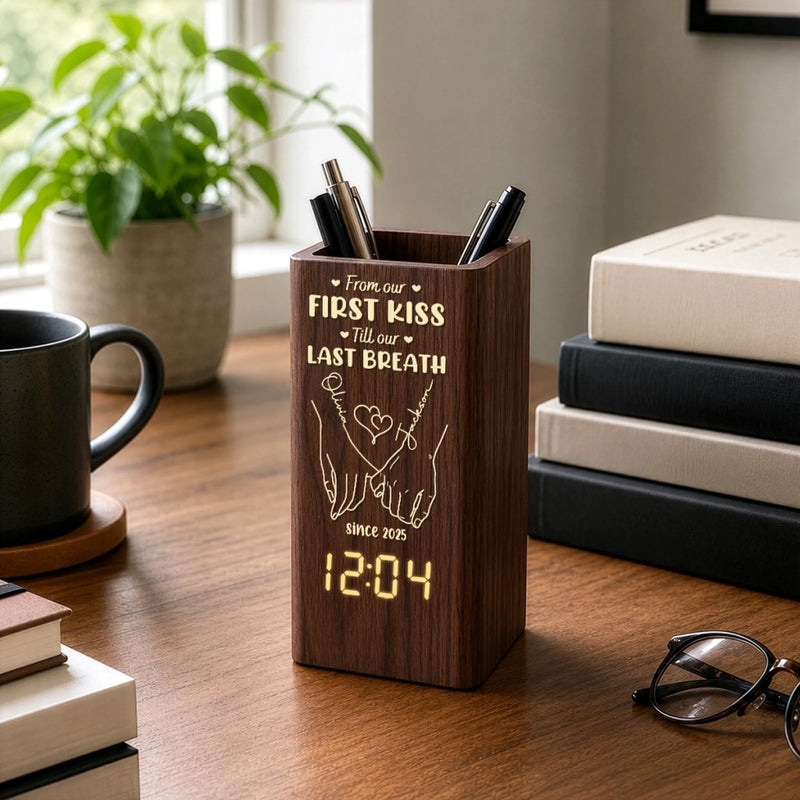 Custom Pen Holder With Clock - Personalized Anniversary Wedding Gifts For Husband And Wife, Him And Her - A Pinky Promise For Life