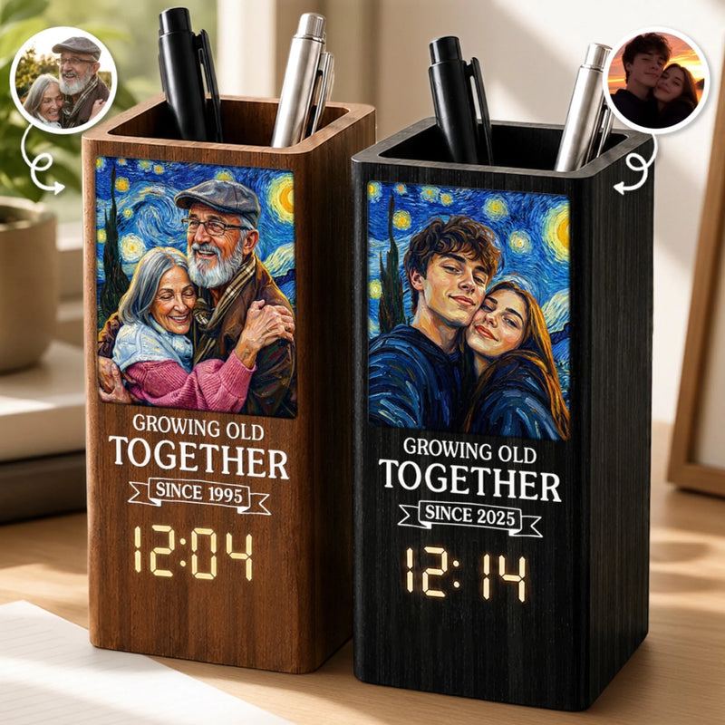 Custom Photo Pen Holder With Clock - Personalized Anniversary Wedding Gifts For Husband And Wife, Him And Her - Loving You Through Every Second