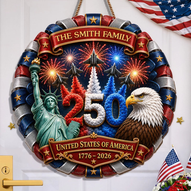 Custom Wood Sign - Personalized America 250th Anniversary Gifts For Mom, Dad, Brother, Sister, Kids - One Nation, One Family, One Home