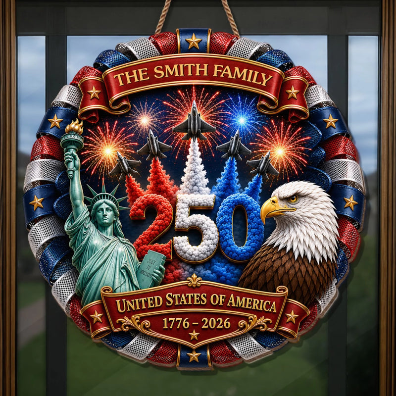 Custom Wood Sign - Personalized America 250th Anniversary Gifts For Mom, Dad, Brother, Sister, Kids - One Nation, One Family, One Home
