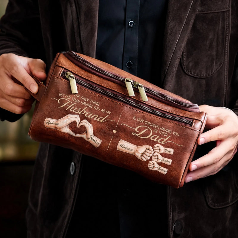 Custom Leather Toiletry Bag - Personalized Father's Day Birthday Gifts For Dad, Grandpa, Husband - Dad Makes Every Moment Better
