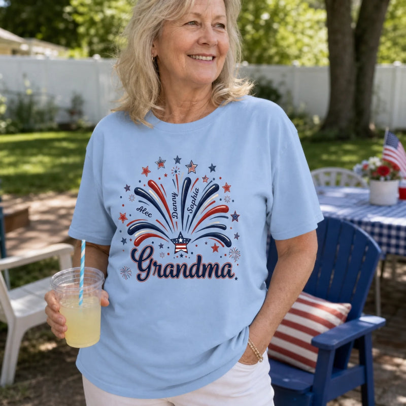 Custom T-shirt, Premium T-shirt, Hoodie - Personalized 4th Of July Gifts For Mom, Grandma - Family Lights Up Her World