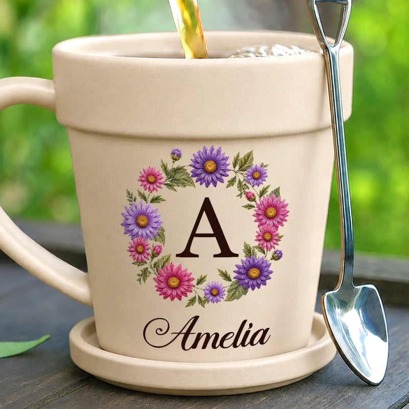 Custom Plant Pot Ceramic Mug - Personalized Birthday Garden Gifts For Gardeners - My Name, My Blooming Wreath