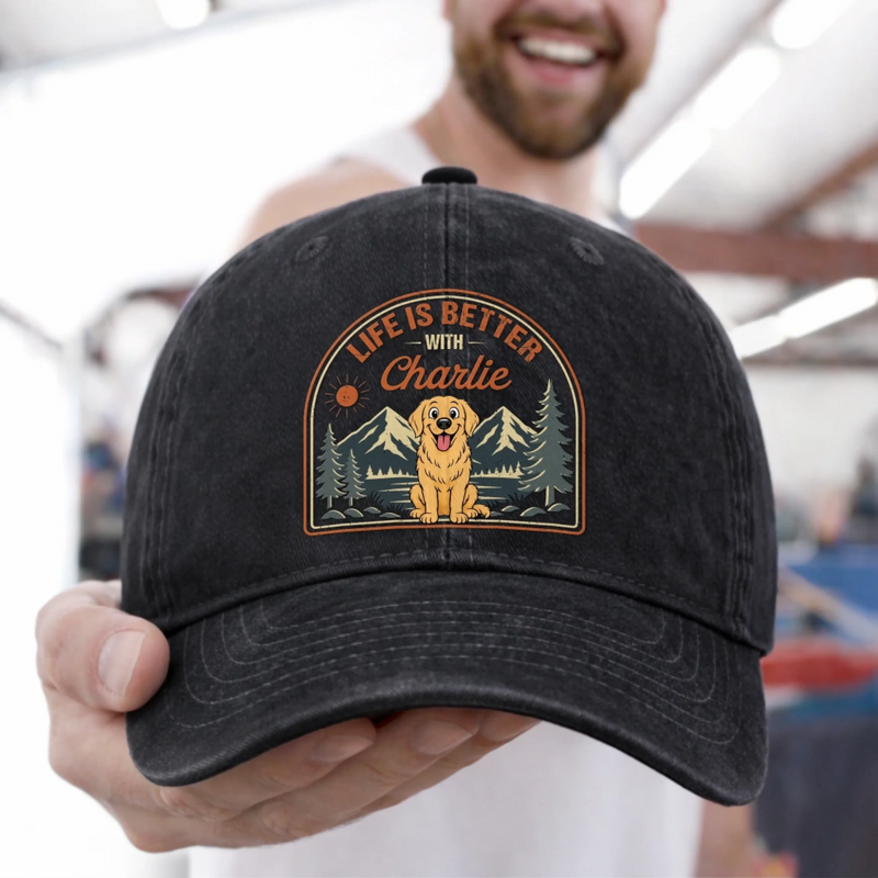 Custom Vintage Washed Denim Baseball Cap - Personalized Father's Day Gifts For Dog Lovers, Dog Dad And Mom - Paw Prints & Mountain Trips
