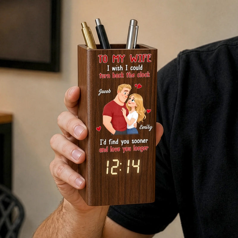 Custom Pen Holder With Clock - Personalized Anniversary Wedding Gifts For Husband And Wife, Him And Her - I'd Choose You Again And Again