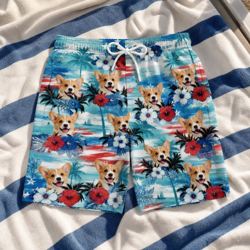 Custom Photo Tropical Hawaiian Aloha Men Beach Shorts - Personalized Summer Vacation And Travel Gifts For Dog Cat Lovers, Dog Dad And Mom, Cat Owners - Patriotic Paws Vibes