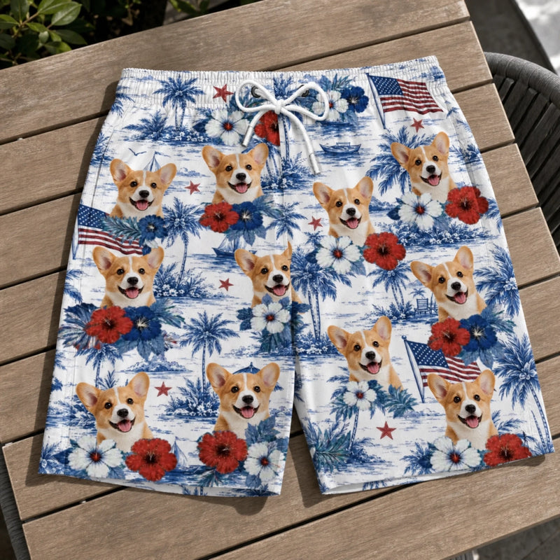 Custom Photo Tropical Hawaiian Aloha Men Beach Shorts - Personalized Summer Vacation And Travel Gifts For Dog Cat Lovers, Dog Dad And Mom, Cat Owners - Patriotic Paws Vibes