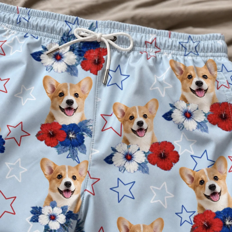 Custom Photo Tropical Hawaiian Aloha Men Beach Shorts - Personalized Summer Vacation And Travel Gifts For Dog Cat Lovers, Dog Dad And Mom, Cat Owners - Red, White & Woof