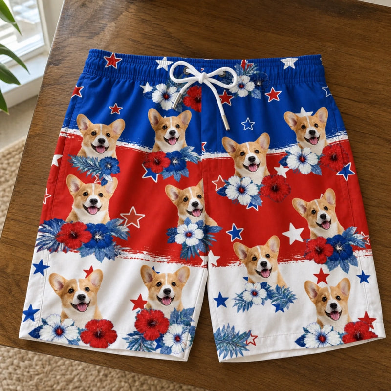 Custom Photo Tropical Hawaiian Aloha Men Beach Shorts - Personalized Summer Vacation And Travel Gifts For Dog Cat Lovers, Dog Dad And Mom, Cat Owners - Red, White & Woof