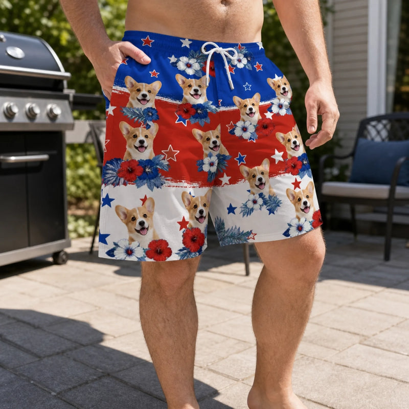 Custom Photo Tropical Hawaiian Aloha Men Beach Shorts - Personalized Summer Vacation And Travel Gifts For Dog Cat Lovers, Dog Dad And Mom, Cat Owners - Red, White & Woof