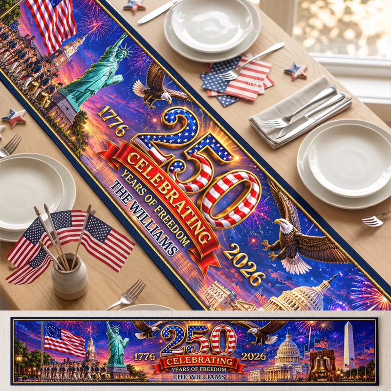 Custom Table Runner - Personalized America 250th Anniversary Gifts For Mom, Dad, Brother, Sister, Kids - Hearts Full Of Pride