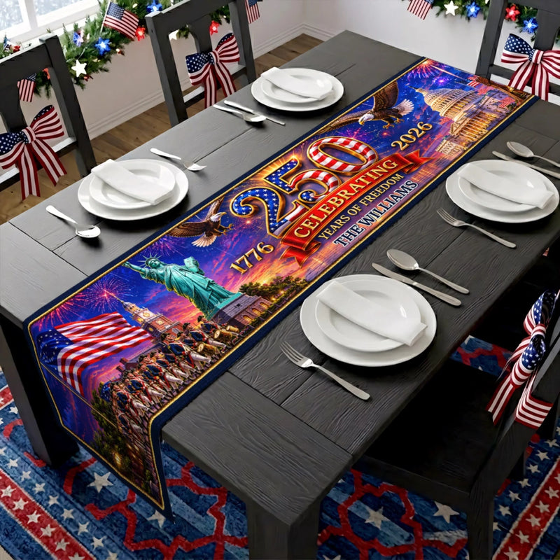 Custom Table Runner - Personalized America 250th Anniversary Gifts For Mom, Dad, Brother, Sister, Kids - Hearts Full Of Pride