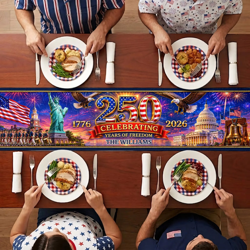 Custom Table Runner - Personalized America 250th Anniversary Gifts For Mom, Dad, Brother, Sister, Kids - Hearts Full Of Pride