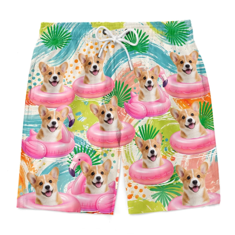 Custom Photo Tropical Hawaiian Aloha Men Beach Shorts - Personalized Summer Vacation And Travel Gifts For Dog Cat Lovers, Dog Dad And Mom, Cat Owners - Furry Vibes, Flamingo Skies