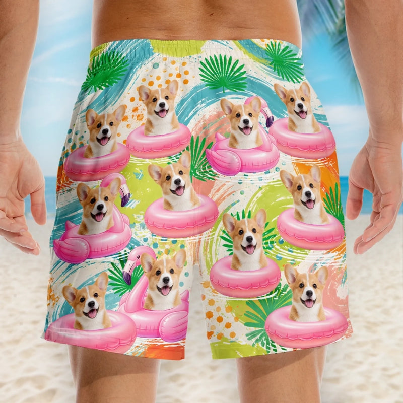 Custom Photo Tropical Hawaiian Aloha Men Beach Shorts - Personalized Summer Vacation And Travel Gifts For Dog Cat Lovers, Dog Dad And Mom, Cat Owners - Furry Vibes, Flamingo Skies
