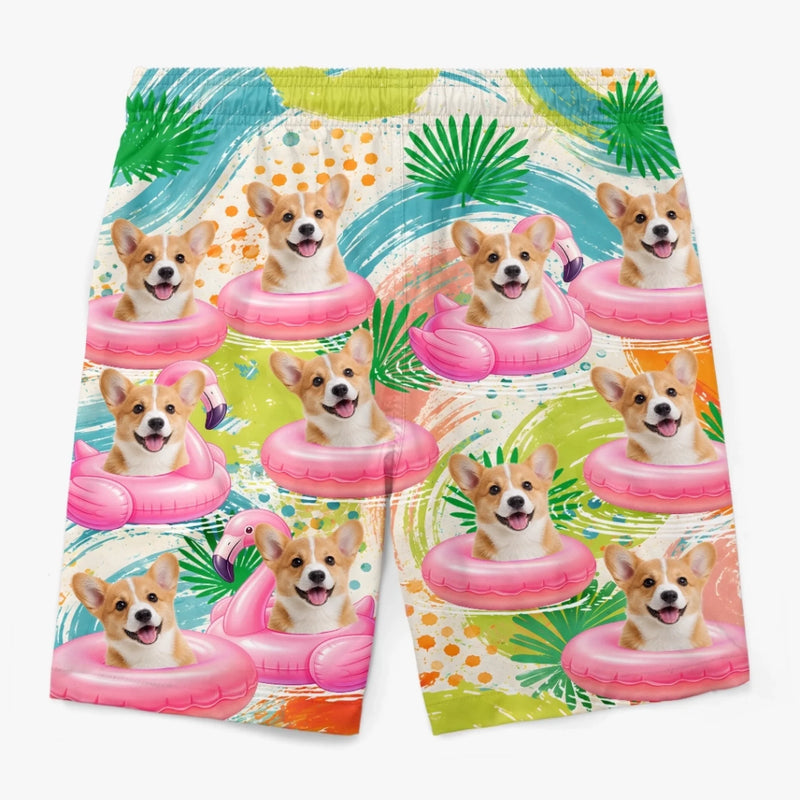Custom Photo Tropical Hawaiian Aloha Men Beach Shorts - Personalized Summer Vacation And Travel Gifts For Dog Cat Lovers, Dog Dad And Mom, Cat Owners - Furry Vibes, Flamingo Skies