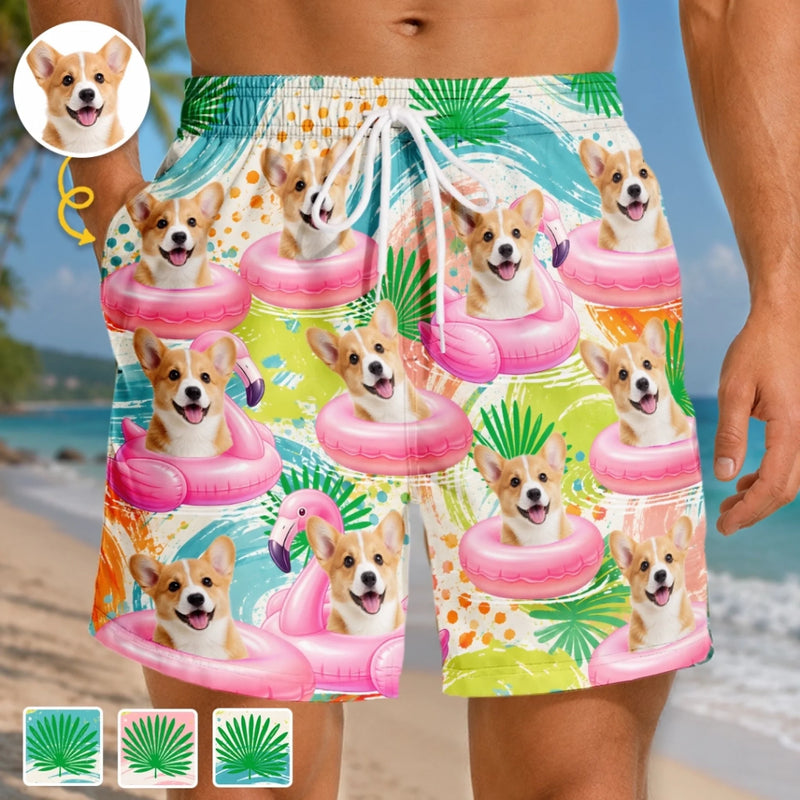 Custom Photo Tropical Hawaiian Aloha Men Beach Shorts - Personalized Summer Vacation And Travel Gifts For Dog Cat Lovers, Dog Dad And Mom, Cat Owners - Furry Vibes, Flamingo Skies