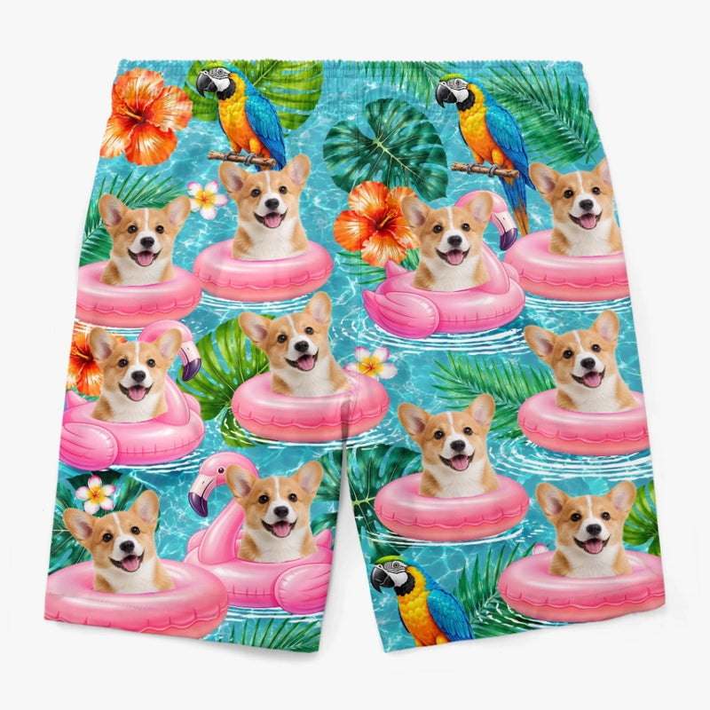 Custom Photo Tropical Hawaiian Aloha Men Beach Shorts - Personalized Summer Vacation And Travel Gifts For Dog Cat Lovers, Dog Dad And Mom, Cat Owners - Tropical Parrots, Furry Smiles