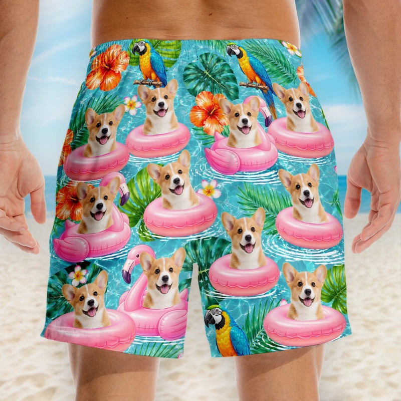 Custom Photo Tropical Hawaiian Aloha Men Beach Shorts - Personalized Summer Vacation And Travel Gifts For Dog Cat Lovers, Dog Dad And Mom, Cat Owners - Tropical Parrots, Furry Smiles