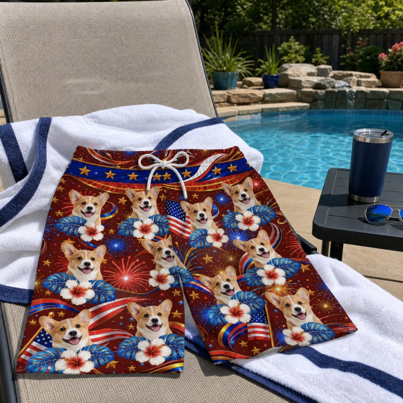 Custom Photo Tropical Hawaiian Aloha Men Beach Shorts - Personalized Summer Vacation And Travel Gifts For Dog Cat Lovers, Dog Dad And Mom, Cat Owners - Patriotic Pup Paradise