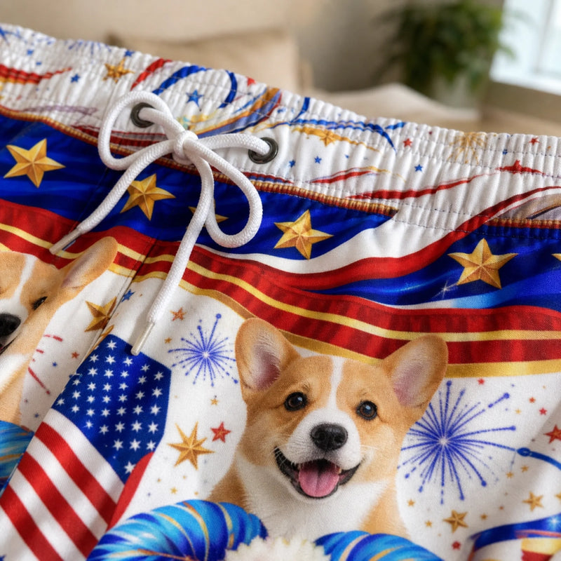 Custom Photo Tropical Hawaiian Aloha Men Beach Shorts - Personalized Summer Vacation And Travel Gifts For Dog Cat Lovers, Dog Dad And Mom, Cat Owners - Patriotic Pup Paradise